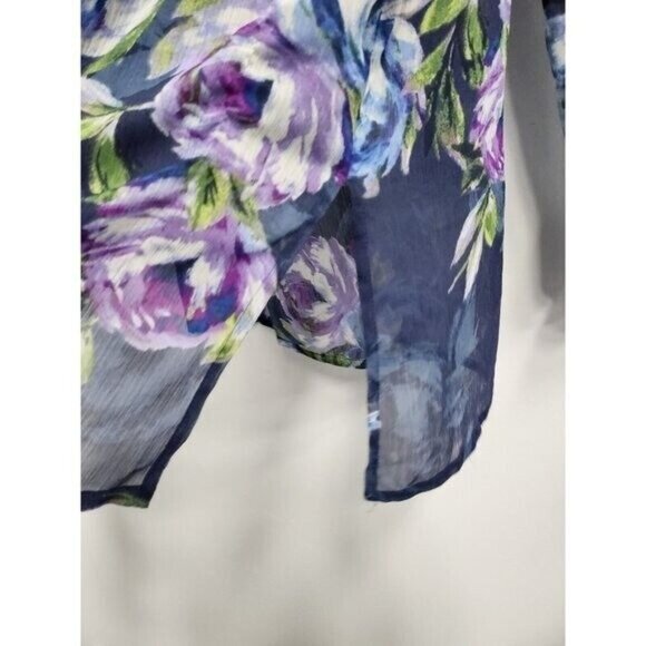Susan Graver Womens BOHO Blouse Top Medium NavyFloral Sheer Chiffon Long Sleeve - Picture 7 of 11